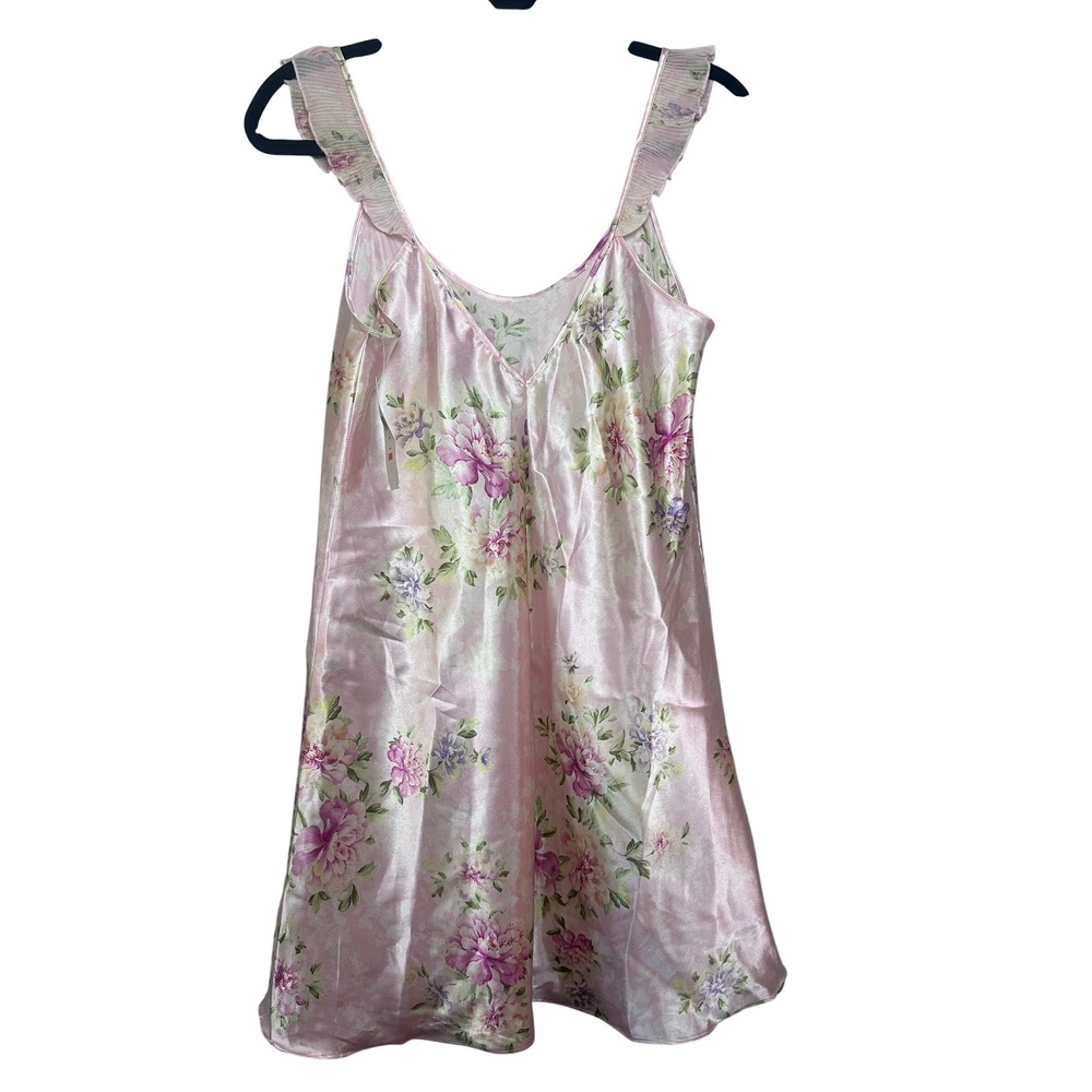 Oscar de la Renta Pink Label Floral Satin Chemise Nightgown Ruffle Strap S NWT - Picture 5 of 5